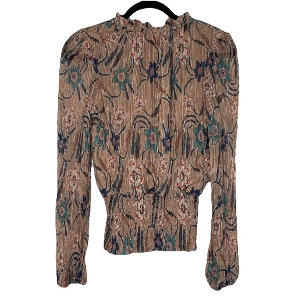 Joie Top Size M Gold‎ Shimmer Pleated Floral Print Long Sleeve Shirt Mesh Chic - Picture 1 of 5